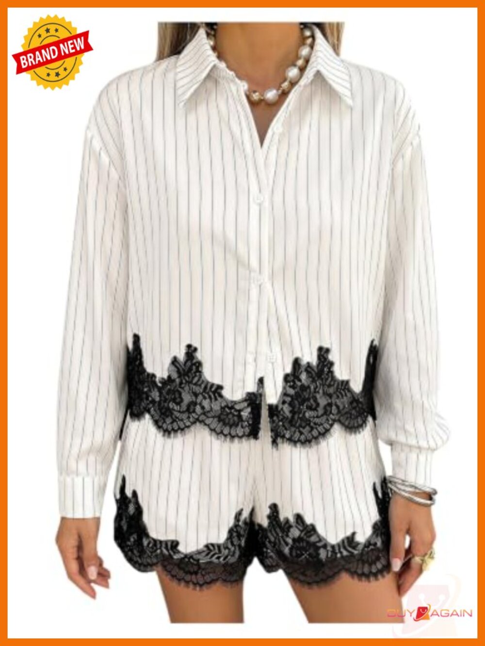 Lace Trim Striped Two Piece Set Button Down Shirt Shorts